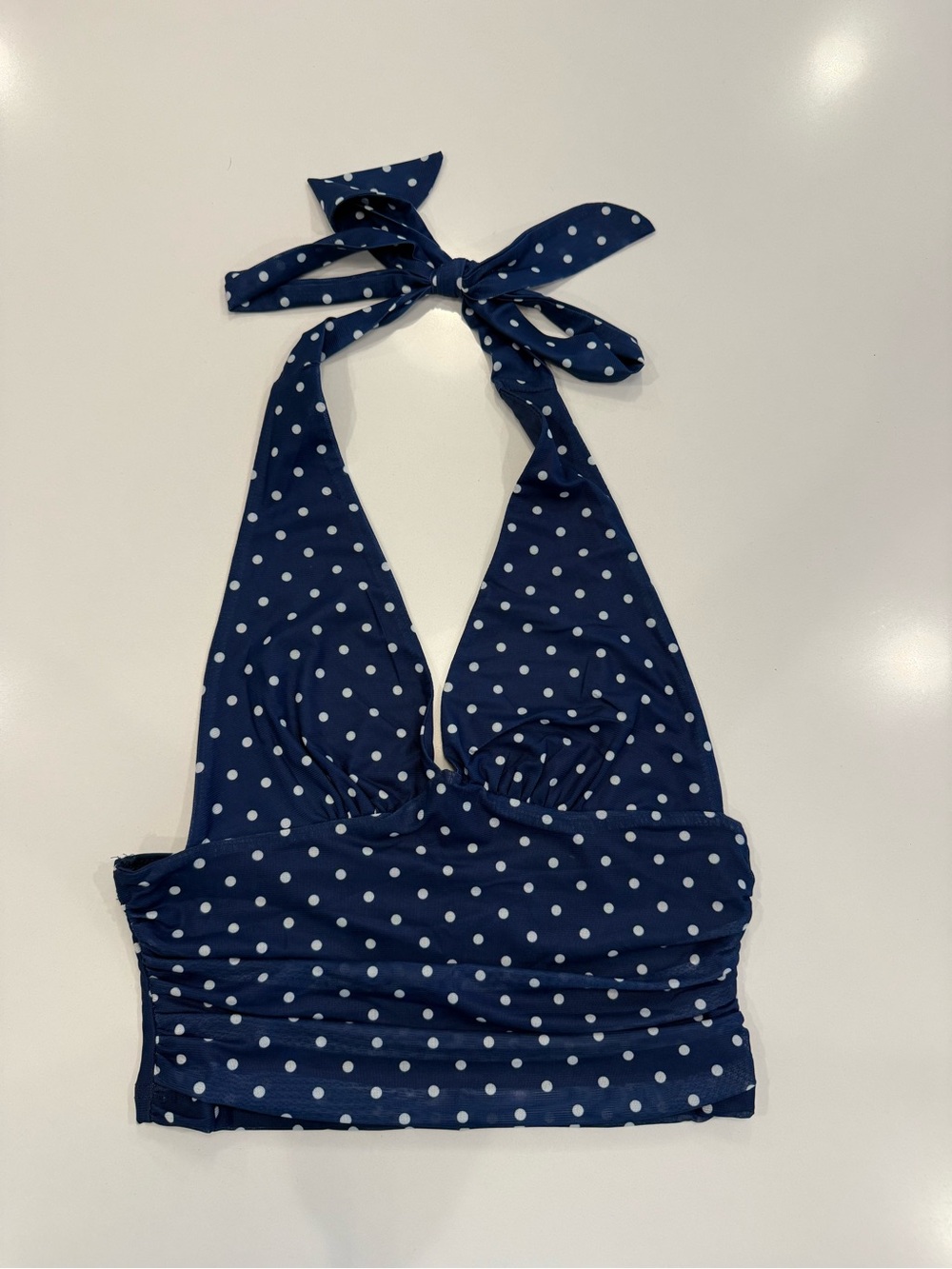 Cropped Halter Top Blue w/White Polka Dots Mesh Ruched Sides Plunging Neck XS